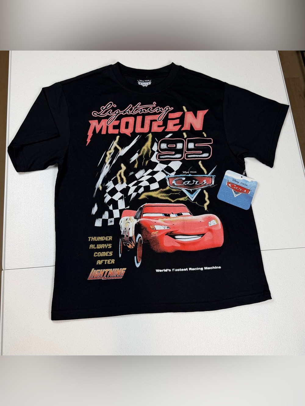 Size XS New Disney Pixar Cars Lightning McQueen Finish Line Graphic TShirt Black